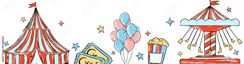 Naklejka premium Flat carnival icons on transparent bg showing circus tent tickets balloons popcorn carousel stars