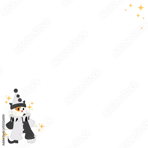 Fototapeta Naklejka Na Ścianę i Meble -  Cat is wearing Pierrot costume in flat monochrome with gold star sparkles, transparent background