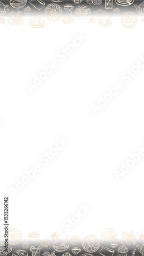 Flat line-art border showing breads, pastries and teacups on transparent background, copy space