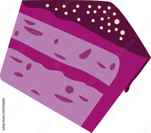 Flat design two-layered cake slice dripping purple icing with sprinkles on transparent background