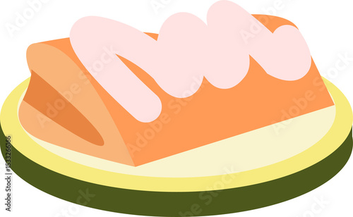 Flat vector showing loaf-shaped pastry with pink icing on olive-green plate, transparent background
