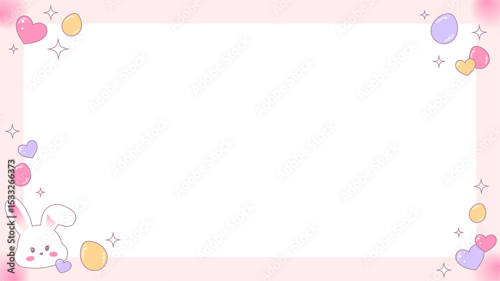 Naklejka premium Flat pastel pink border is showing bunny, hearts, eggs, stars on transparent background, copy space