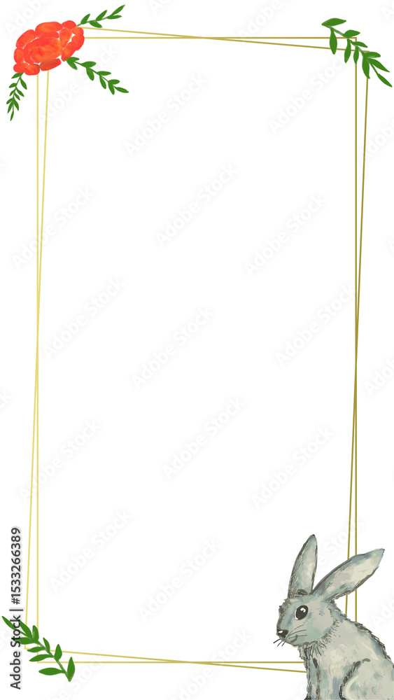 Fototapeta premium Flat design gold frame is featuring orange floral accents, gray rabbit, transparent background