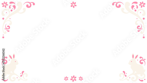 Flat design frame is showing scrolls with pink blossoms and cream rabbits on transparent background
