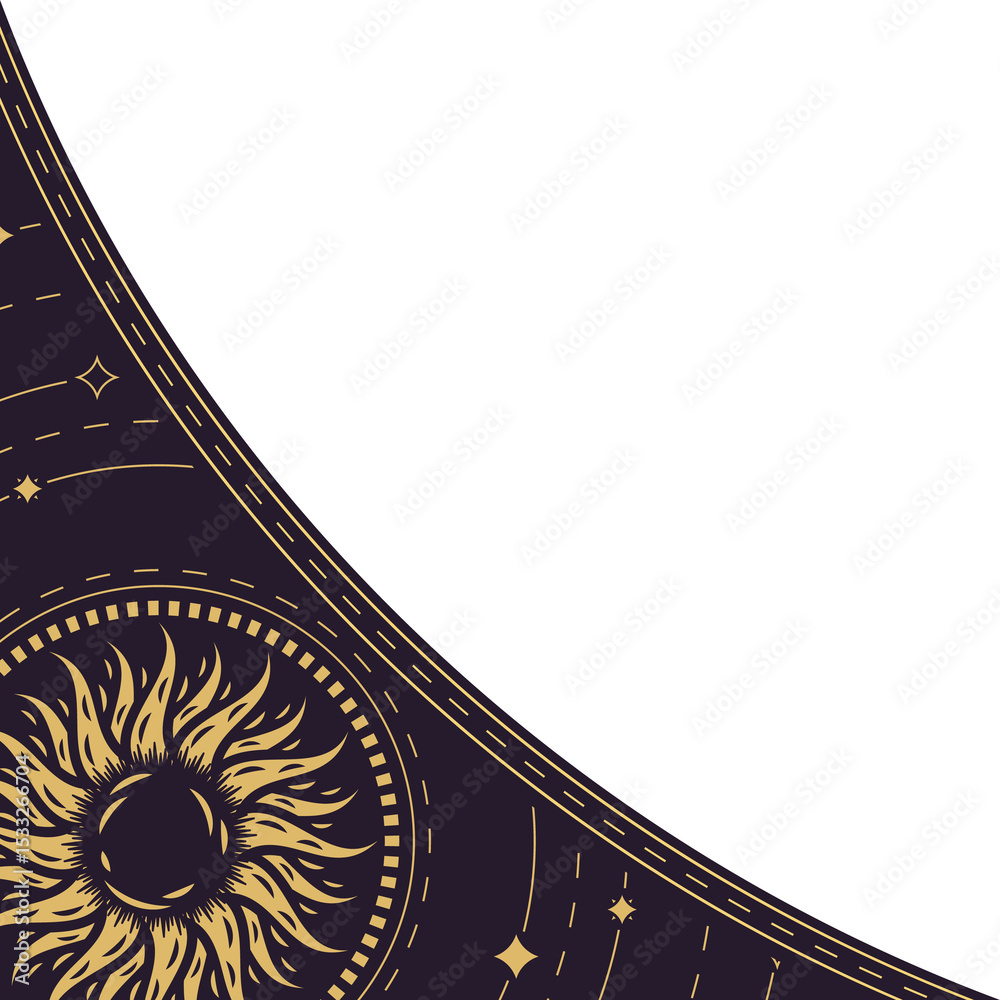 Naklejka premium showing abstract sun in flat vector with dotted ring, stars on transparent background, copy space