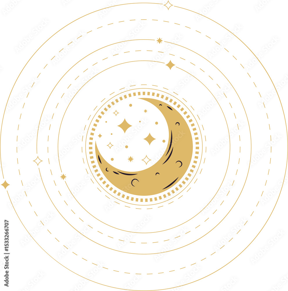 Obraz premium Flat design golden crescent moon is being shown on transparent background with rings and stars