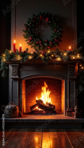 Cozy Christmas fireplace scene with glowing embers and festive garland , vintage, sparkling