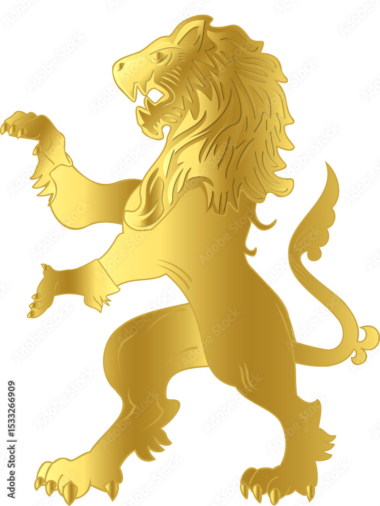 Fototapeta premium Gold heraldic lion is being shown in flat style with mane and claw details, transparent background