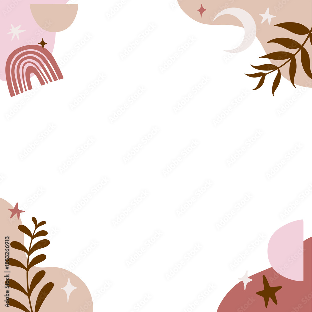 Obraz premium Abstract frame showing pastel rainbow, moon, stars and leaves on transparent background, copy space