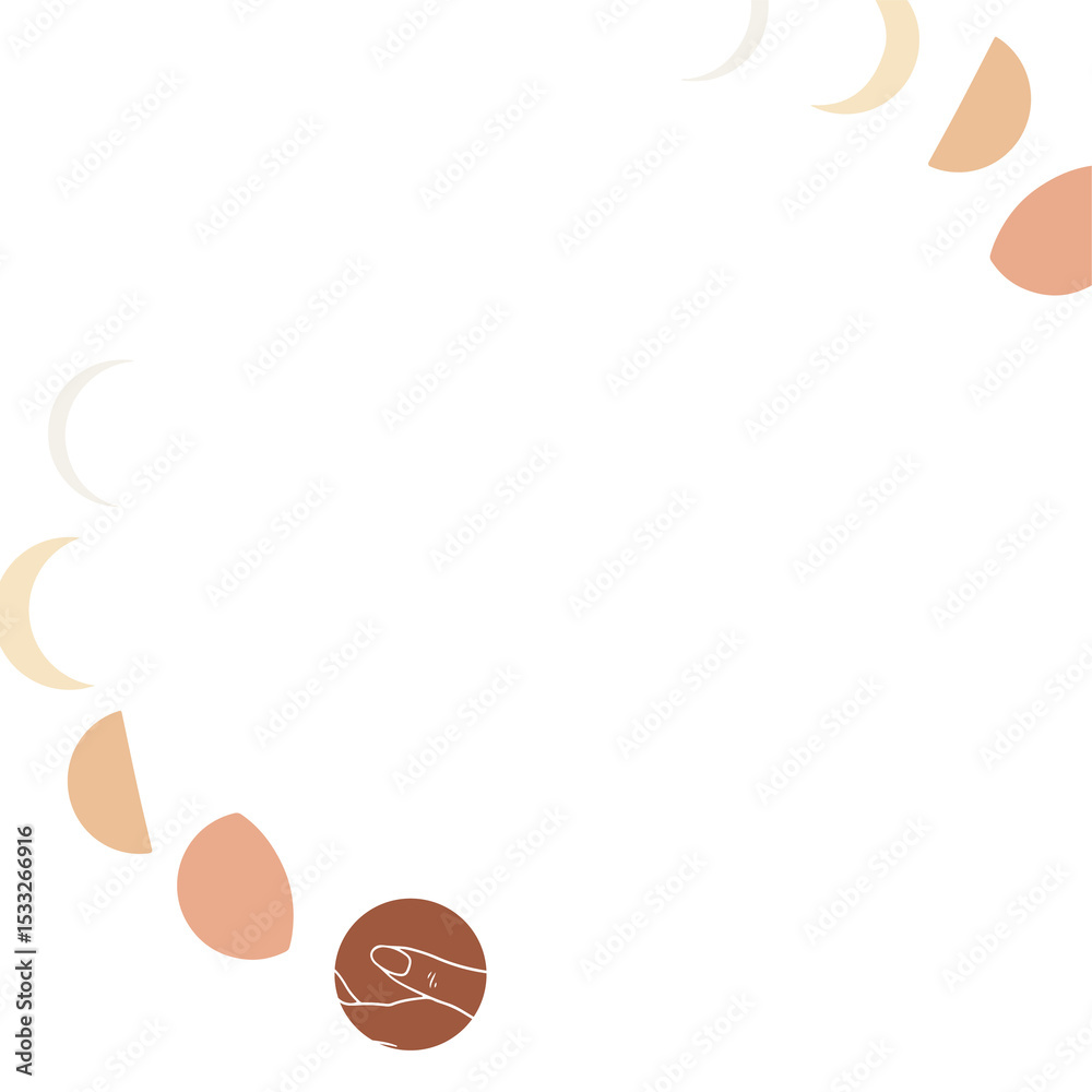 Naklejka premium Showing vector lunar phases with sparkles and hand holding moon on transparent background