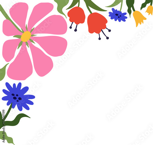Fototapeta Naklejka Na Ścianę i Meble -  flat design floral corner is showing on transparent background with pink daisy green foliage