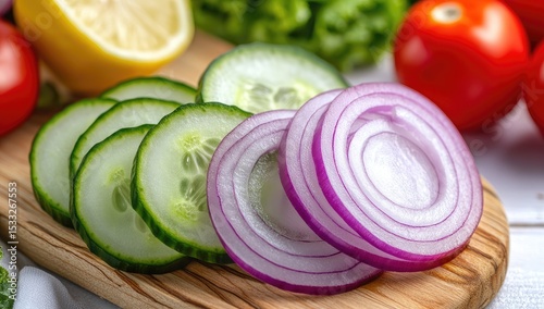 Sliced cucumber and red onion on a wooden cutting board, with lemon and tomatoes in the background