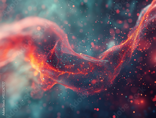 Abstract Flowing Red Particle Stream on Teal Background with Bokeh Effect