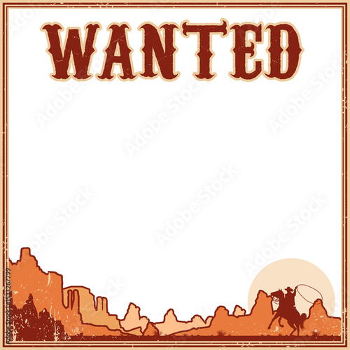 Showing vintage WANTED poster with cowboy lassoing horse, cacti, transparent background, copy space
