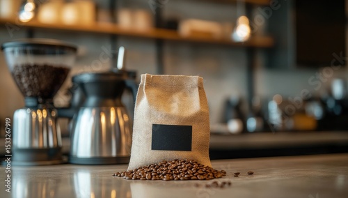 Coffee beans in a kraft paper bag on a marble counter, with coffee machine in the background
