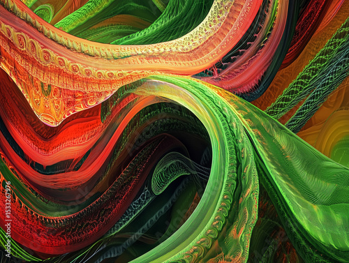 Abstract Swirling Shapes with Detailed Patterns in Green, Orange and Red