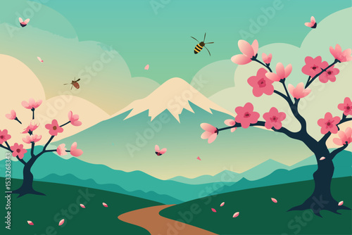spring landscape with birds