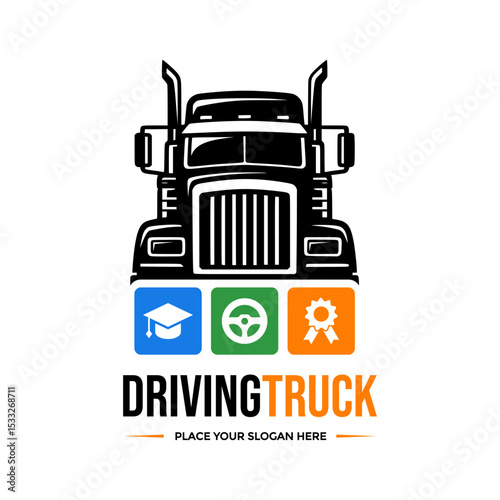 Driving Truck logo, ideal for truck driving schools, logistics companies, or transportation services. Represents education and professionalism in trucking. Clean vector