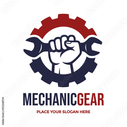 Powerful logo combines a wrench-gripping fist with a gear, symbolizing mechanical expertise and industrial strength. Ideal for mechanics, engineering firms, or repair services. 