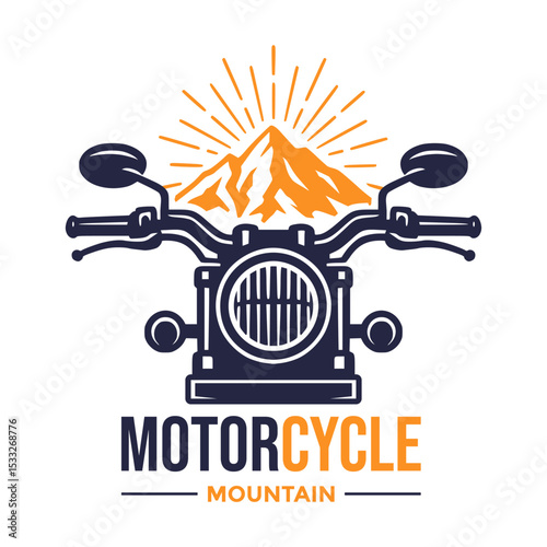 Classic logo features a motorcycle front with mountains and sun rays, symbolizing adventure and freedom on the open road. Ideal for motorcycle clubs, travel agencies, or vintage bike shops. 