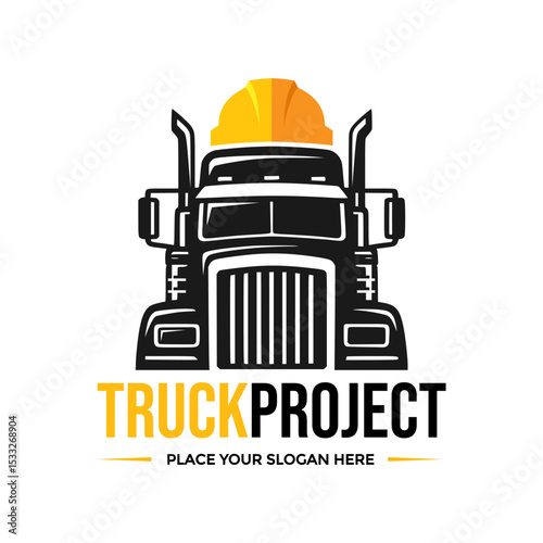 Bold logo featuring a powerful truck with a hardhat, symbolizing construction projects and heavy-duty logistics. Ideal for trucking companies, building contractors, or engineering firms. Represents ro