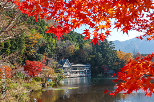 Kinrin Lake in Autumn. It is a famous landmark of Yufuin.