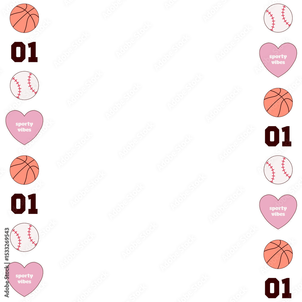 Fototapeta premium Sports-themed basketball, baseball and heart icons are forming borders on transparent vector canvas