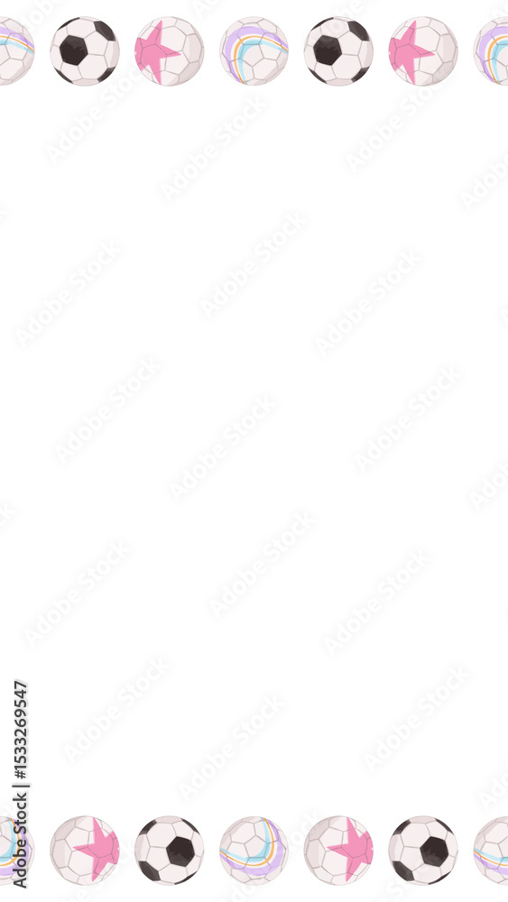 Fototapeta premium Alternating soccer, star and rainbow balls are forming border on transparent background, copy space