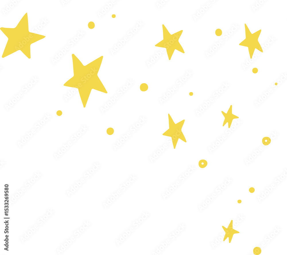 Naklejka premium Cartoon-style flat design yellow stars and dots are scattering diagonally on transparent background