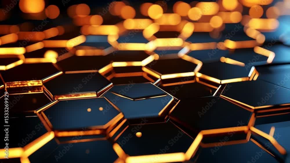 Abstract geometric background featuring dark hexagons with glowing orange edges creating a technological and futuristic aesthetic