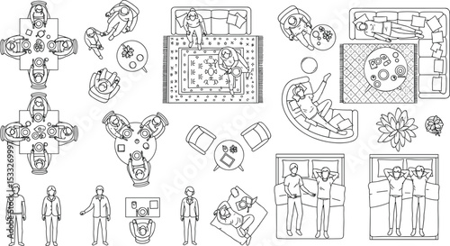 Architectural Drawings, people plan vector in park out door illustration, top view, Minimal style hand drawn, set elements for architecture and landscape design. Sections, Elevations, Floor Plans.