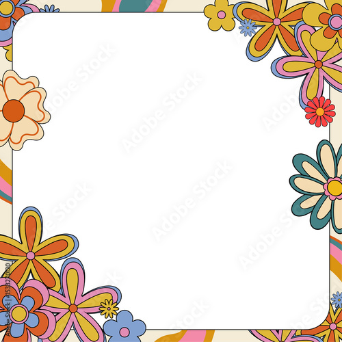Displaying flat design flowers and curved stripes framing blue-gray panel on transparent background
