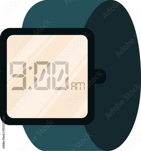 Flat design digital watch is showing segmented 3:00 AM digits, bezel nub on transparent background