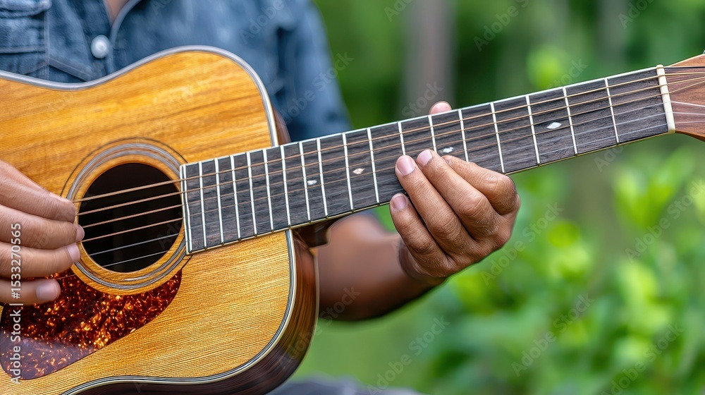 Fototapeta premium Close Up Of Hands Playing Acoustic Guitar Outdoors