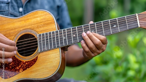 Close Up Of Hands Playing Acoustic Guitar Outdoors