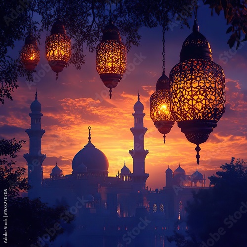 a view of a mosque with a sunset in the background
