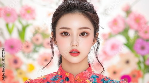 Close Up Portrait of Young Woman in Pink Floral Shirt Against Flower Background