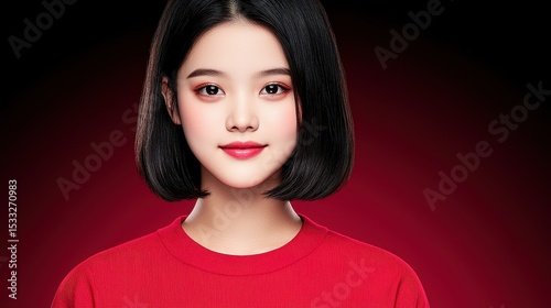 Closeup Portrait Young Woman Red Sweater Dark Bob Haircut Red Background