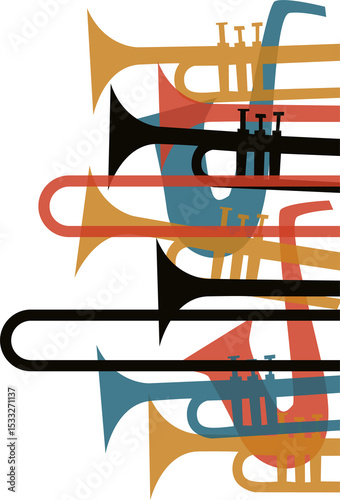 Brass silhouettes are overlapping in multicolor flat design on transparent background