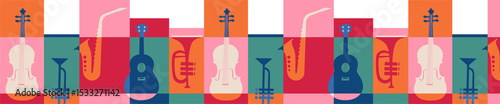 Flat violin, saxophone, trumpet and guitar icons are forming tiled grid on transparent background