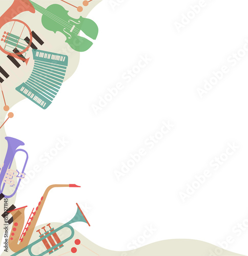Cream ribbon framing flat string, wind, keyboard and percussion on clear background, copy space