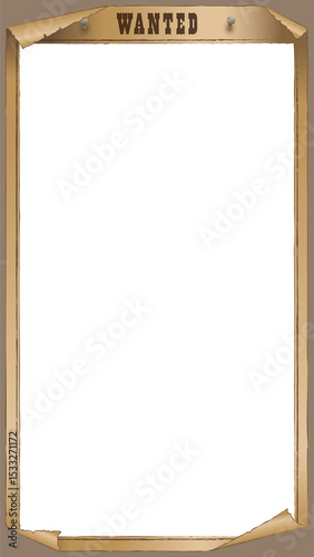 Flat design western wanted poster is showing on transparent backdrop with WANTED header, copy space