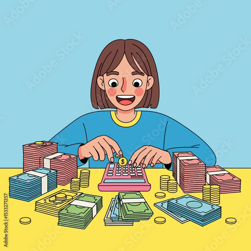 Happy Person Budgeting and Saving Money