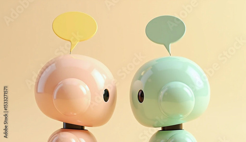 Robotic Conversations: A pair of charming robotic figures engage in a thought-provoking conversation, each adorned with speech bubble, against a gentle backdrop.