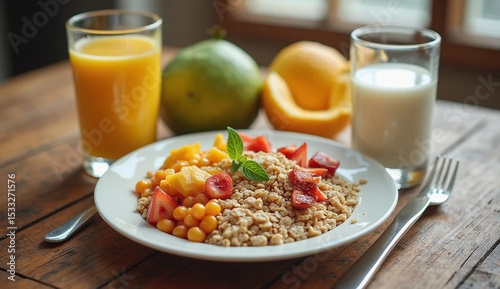 Fresh start: An artful breakfast arrangement, a vibrant showcase of fresh fruits, wholesome oats, and refreshing beverages, symbolizing a nourishing beginning to the day.