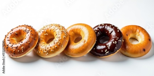 Five assorted bagels in a row on white background, texture, still life