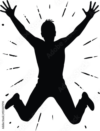 Silhouette of Happy Man Jumping with Raised Hands, Celebration Vector Illustration