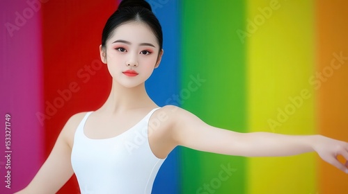 Graceful Young Woman in White Leotard Posing Against Vibrant Rainbow Stripes