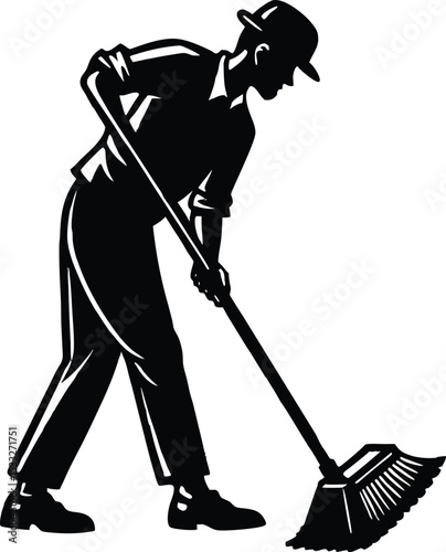 Silhouette of Man Sweeping Floor with Broom Vector Illustration