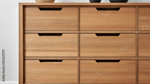 The sturdy timber tallboy adds warmth and functionality to the room with its natural wood grain.